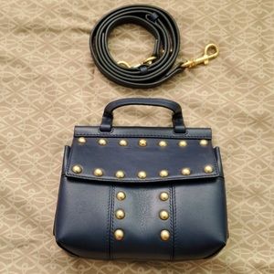 Tory Burch Stud T Block Mini Navy Leather Satchel